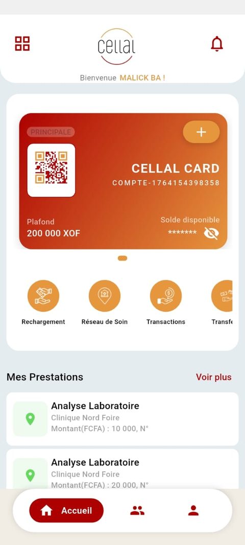 Écran d'accueil du bénéficiaire avec la CELLAL CARD