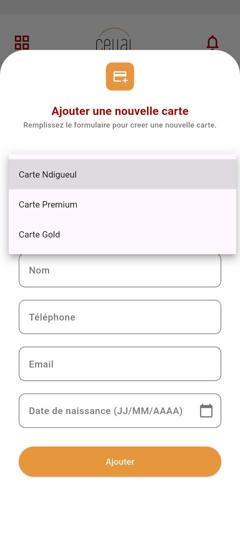 Ajouter une nouvelle carte CELLAL (Ndigueul, Premium, Gold)