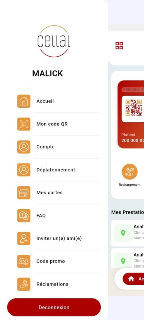 Menu du compte bénéficiaire CELLAL CARD